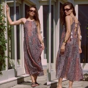 Anthropologie Shirred A-Line Tiered Dress 1x Wine color